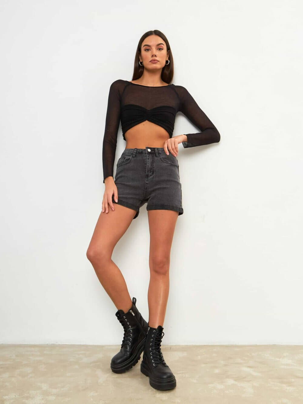 High waist denim Bermuda shorts